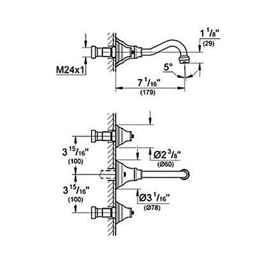 Baterie lavoar Chester cu montare in perete, din alama, cu 2 manere, auriu antichizat, cod 1312