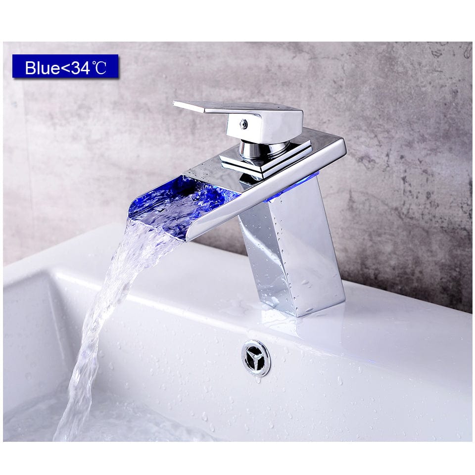 Baterie lavoar cu LED, tip cascada, argintiu cromat, cod 1296