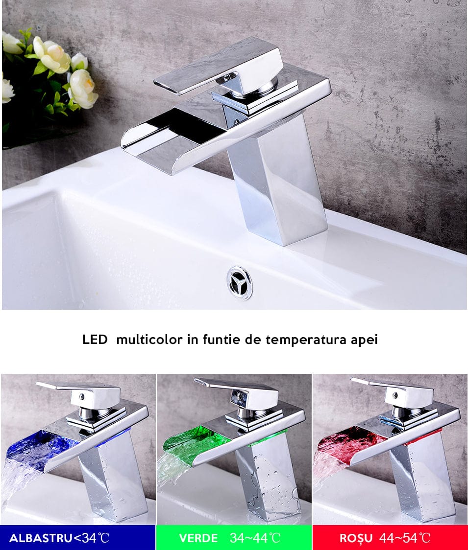 Baterie lavoar cu LED, tip cascada, argintiu cromat, cod 1296