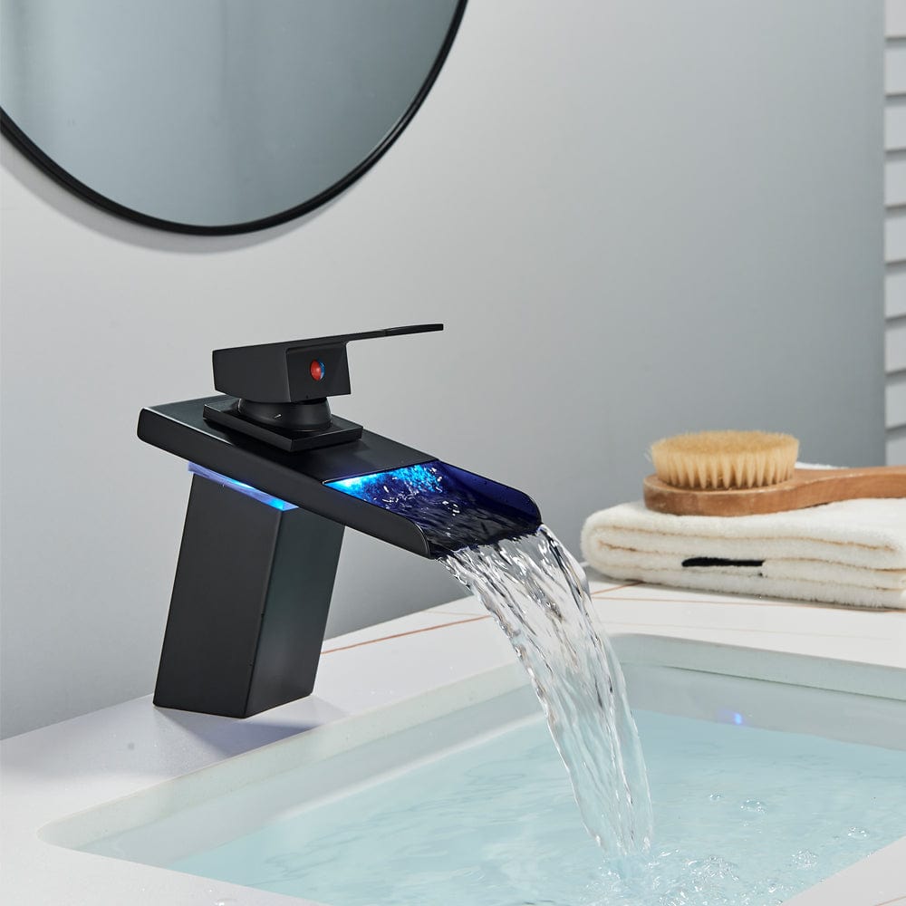 Baterie lavoar cu LED, tip cascada, cu un singur orificiu, negru, cod 1297