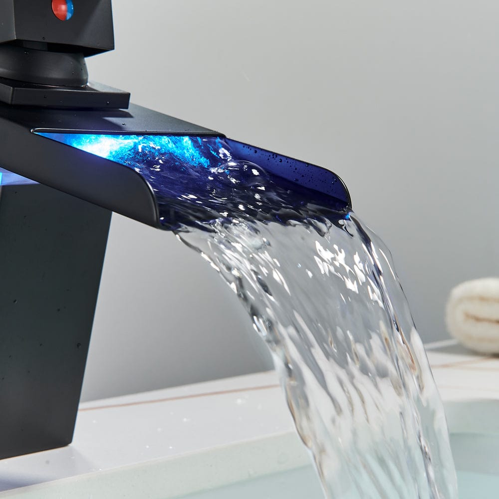 Baterie lavoar cu LED, tip cascada, cu un singur orificiu, negru, cod 1297