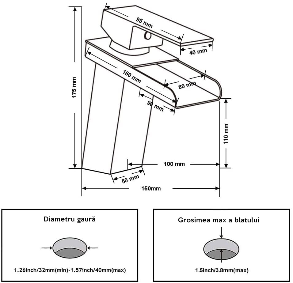 Baterie lavoar cu LED, tip cascada, cu un singur orificiu, negru, cod 1297