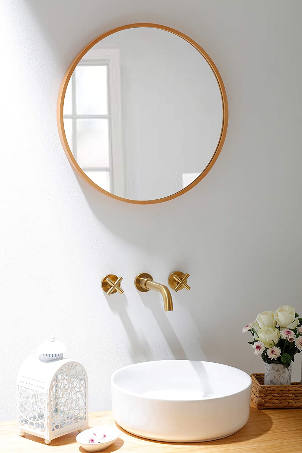 Baterie lavoar, cu montare in perete, din alama, cu 2 manere, auriu, cod 1329