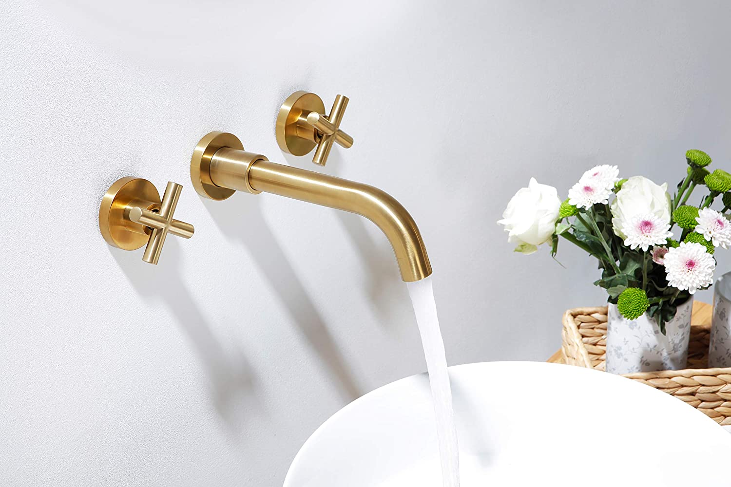 Baterie lavoar, cu montare in perete, din alama, cu 2 manere, auriu, cod 1329