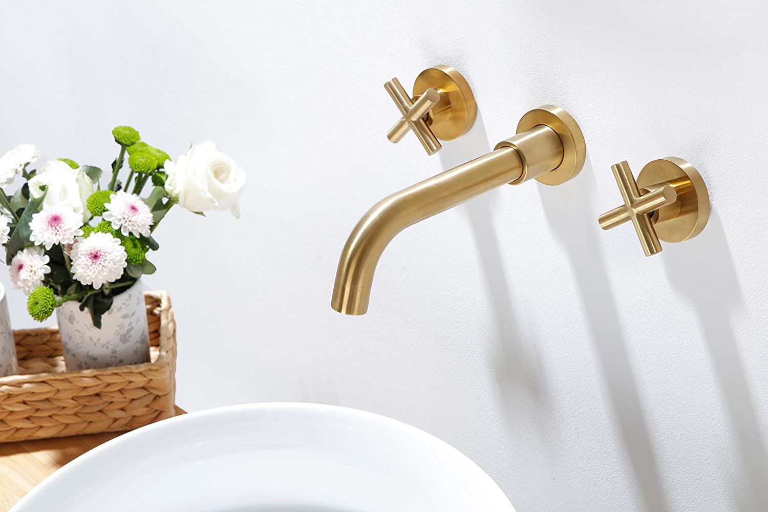 Baterie lavoar, cu montare in perete, din alama, cu 2 manere, auriu, cod 1329