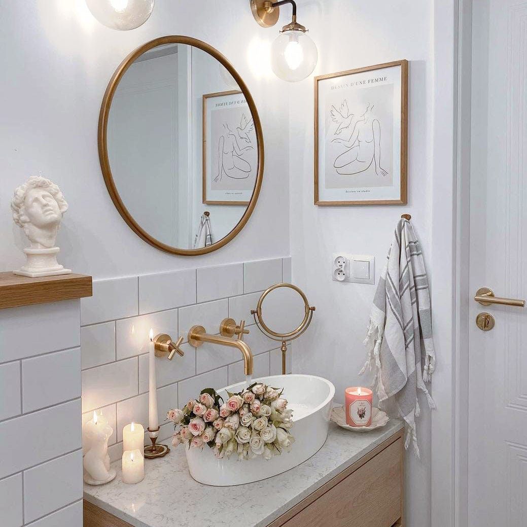 Baterie lavoar, cu montare in perete, din alama, cu 2 manere, auriu, cod 1329