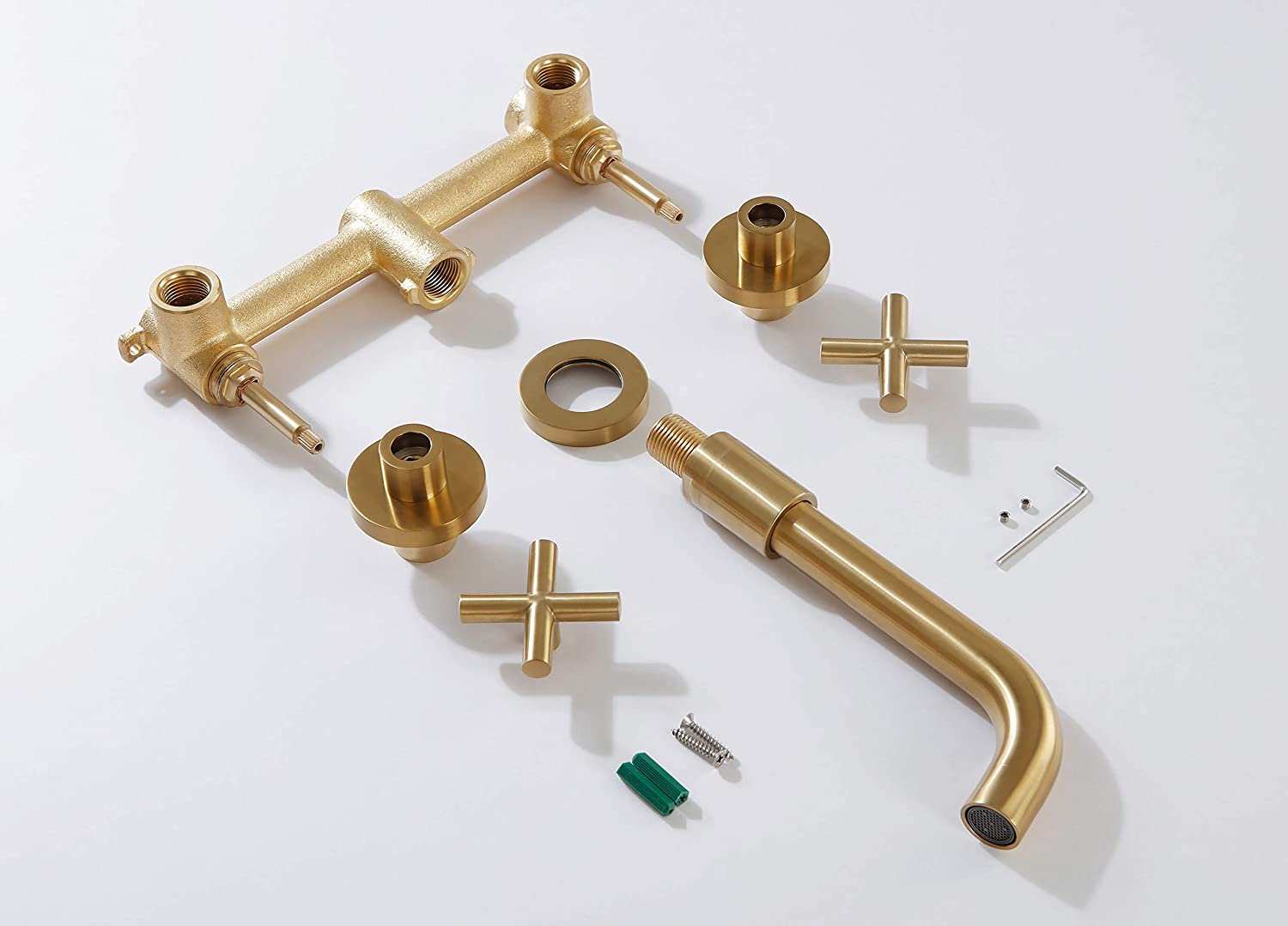 Baterie lavoar, cu montare in perete, din alama, cu 2 manere, auriu, cod 1329