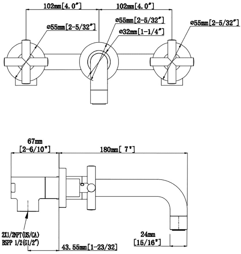 Baterie lavoar, cu montare in perete, din alama, cu 2 manere, auriu, cod 1329