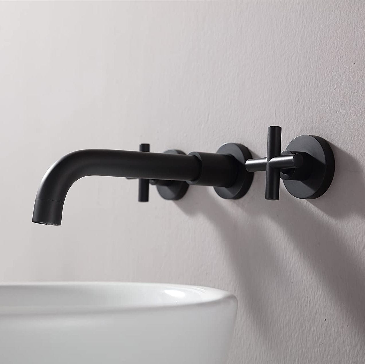 Baterie lavoar, cu montare in perete, din alama, cu 2 manere, negru mat, cod 1552