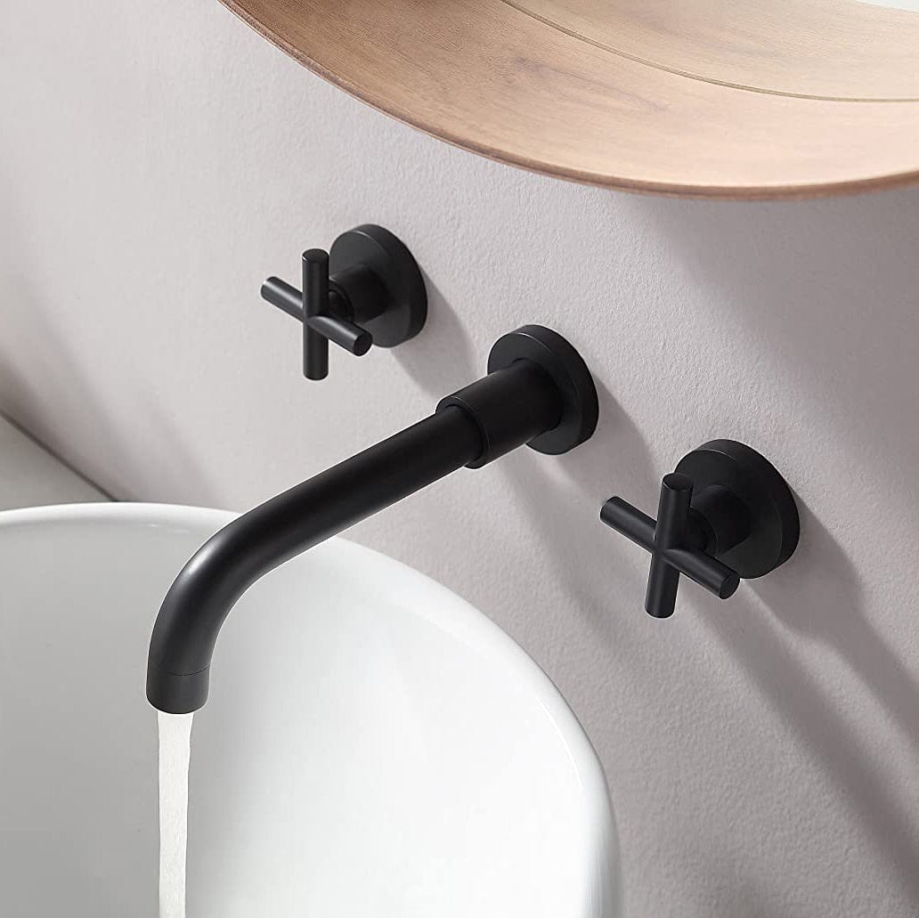 Baterie lavoar, cu montare in perete, din alama, cu 2 manere, negru mat, cod 1552