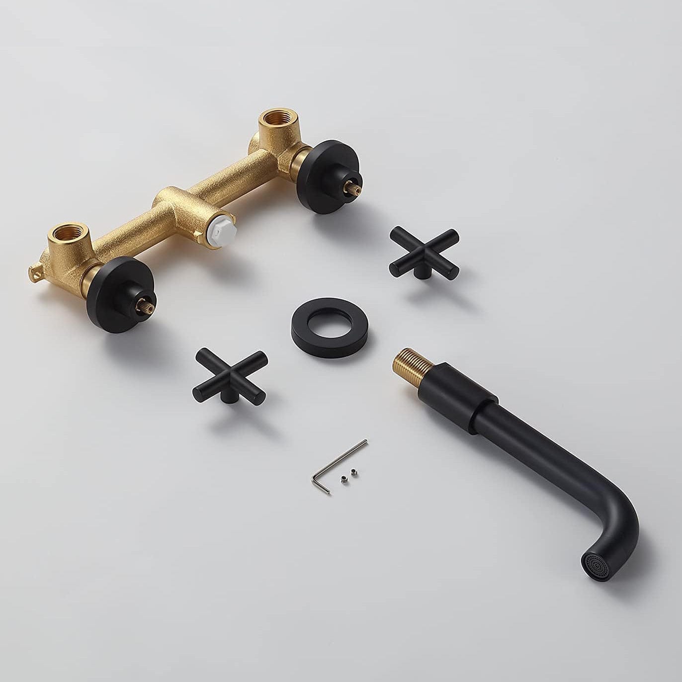 Baterie lavoar, cu montare in perete, din alama, cu 2 manere, negru mat, cod 1552