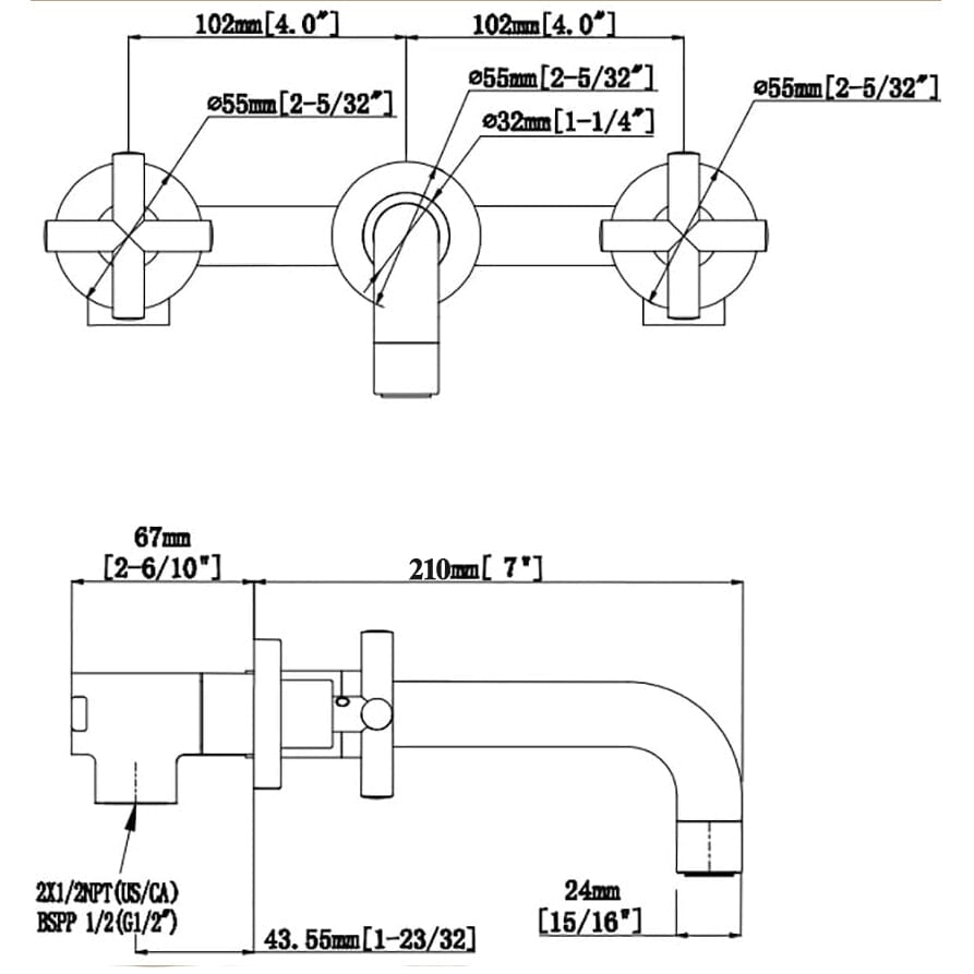 Baterie lavoar, cu montare in perete, din alama, cu 2 manere, negru mat, cod 1552