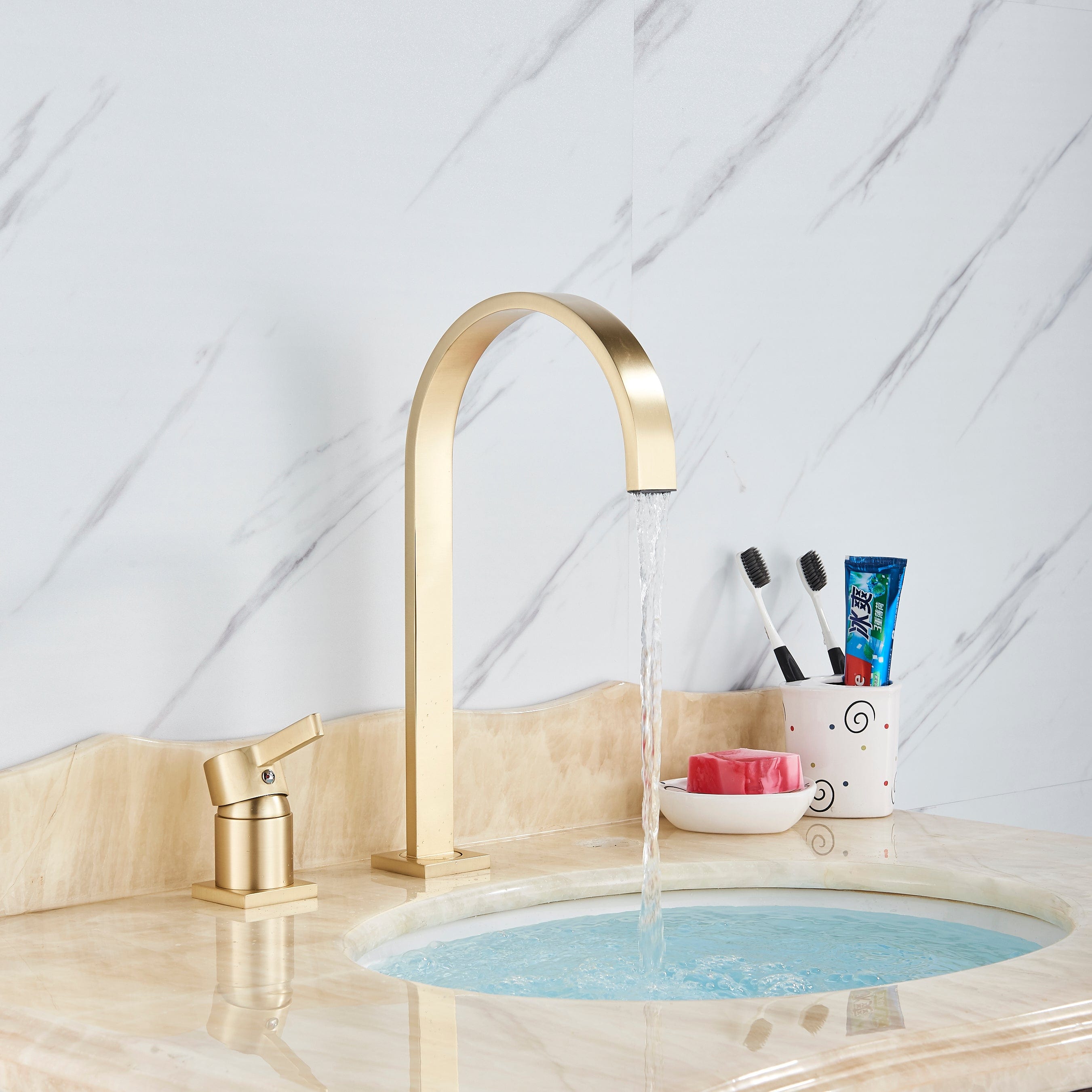 Baterie lavoar cu montare pe blat, cu monocomanda, auriu nichelat, cod 1290