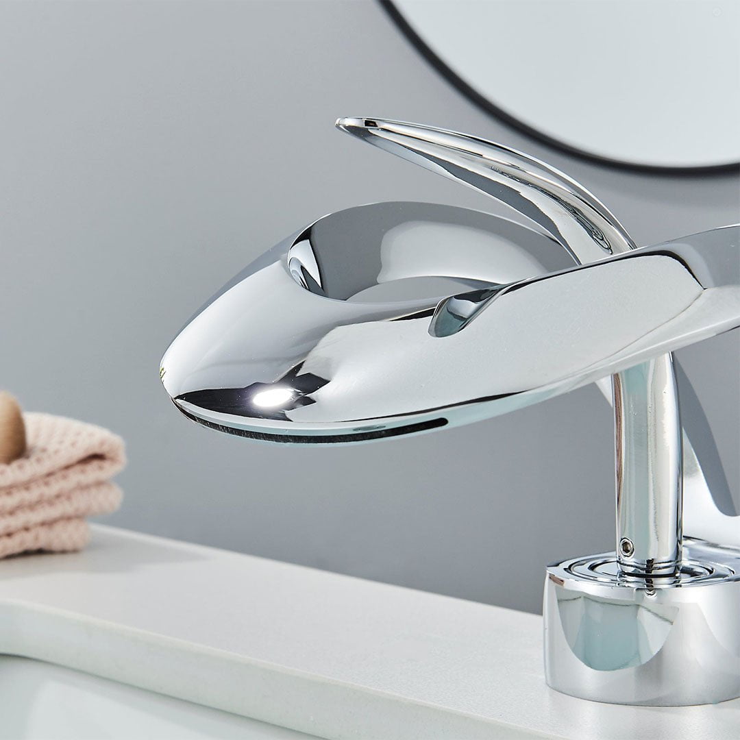 Baterie lavoar cu un singur maner si orificiu, tip cascada, argintiu lucios, cod 1636