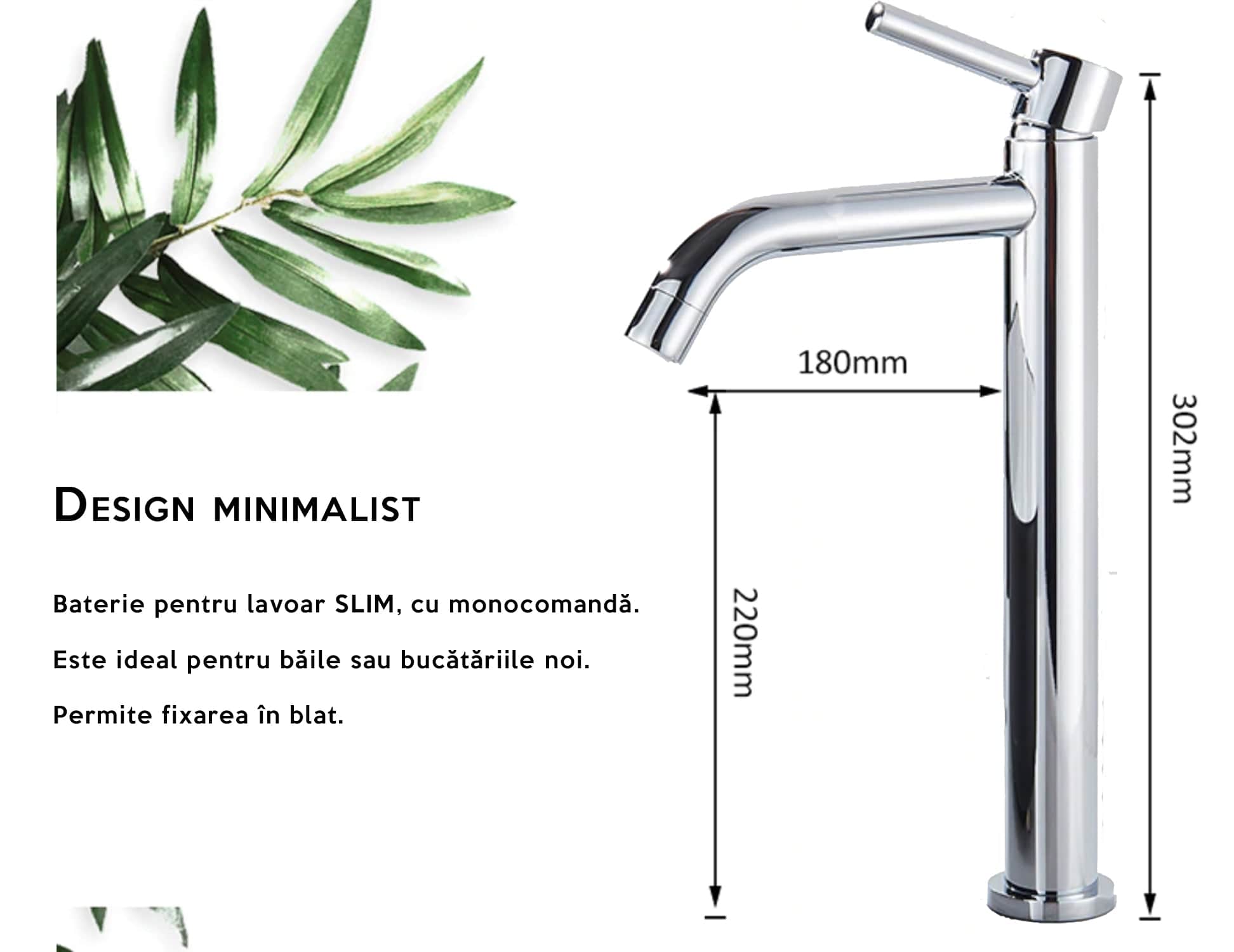 Baterie lavoar slim, cu montare in blat, argintiu cromat, cod 1200