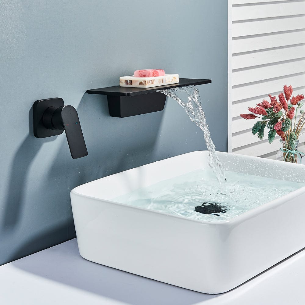 Baterie lavoar Waterfall, negru mat, cu montare in perete, tip cascada, cod 1515