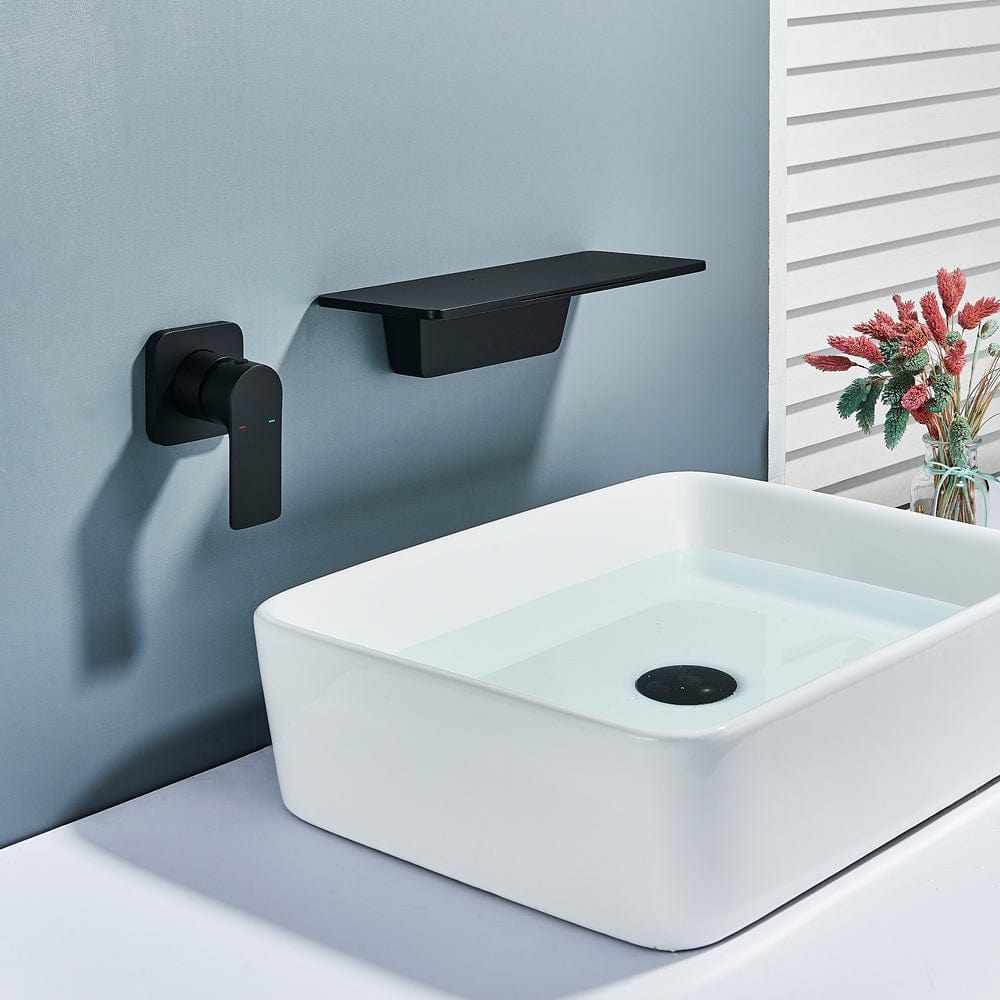 Baterie lavoar Waterfall, negru mat, cu montare in perete, tip cascada, cod 1515