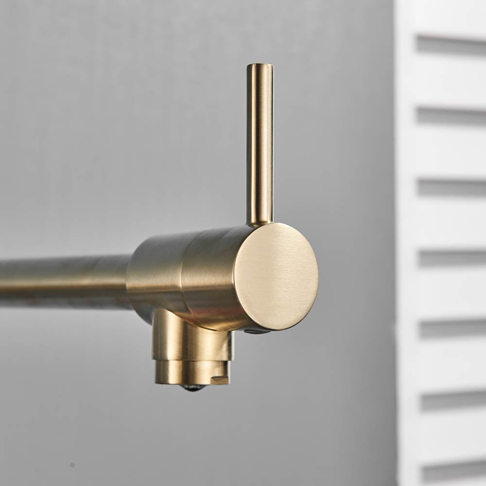 Baterie pentru aragaz din oțel masiv, cu montare pe perete și cu braț pliabil, auriu periat, cod 1174