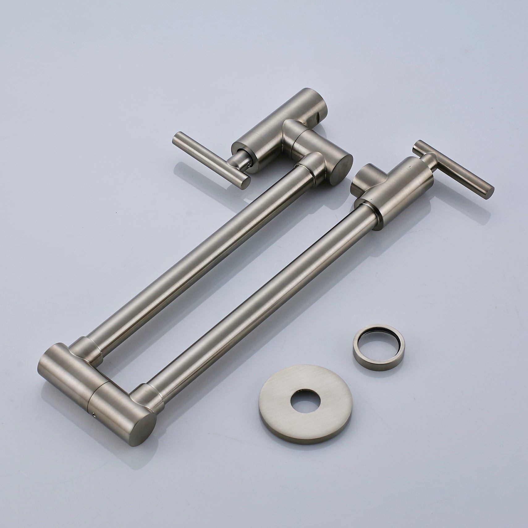 Baterie pentru aragaz din otel masiv, cu montare pe perete si cu brat pliabil, arginitiu nichelat (semilucios), cod 1299