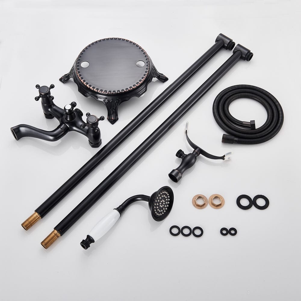 Baterie podea retro, negru mat cu bronz pe margine, 2 functii de curgere, cod 1532