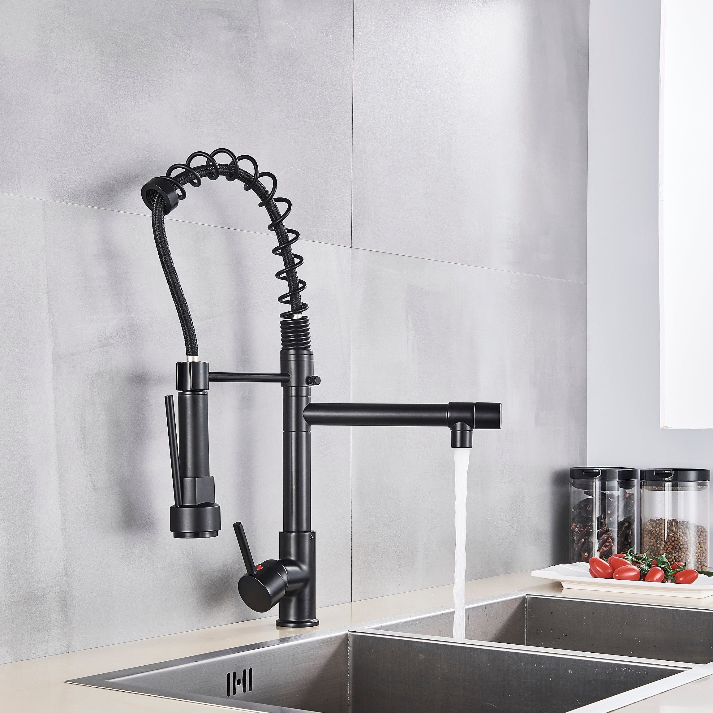 Baterie profesionala cu dus detasabil si 2 functii de curgere a apei, negru mat, cod 1209