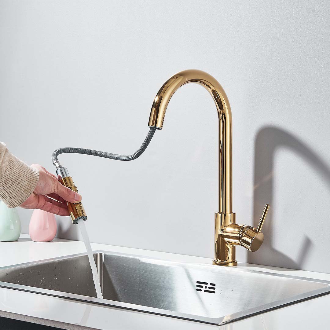 Baterie profesionala, cu dus extractibil, 2 functii de curgere, auriu lucios, cod 1654