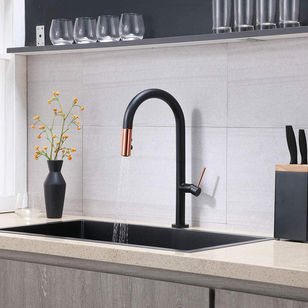 Baterie profesionala de bucatarie, cu dus extractibil, 2 functii de curgere, negru mat cu rose gold, cod 1298
