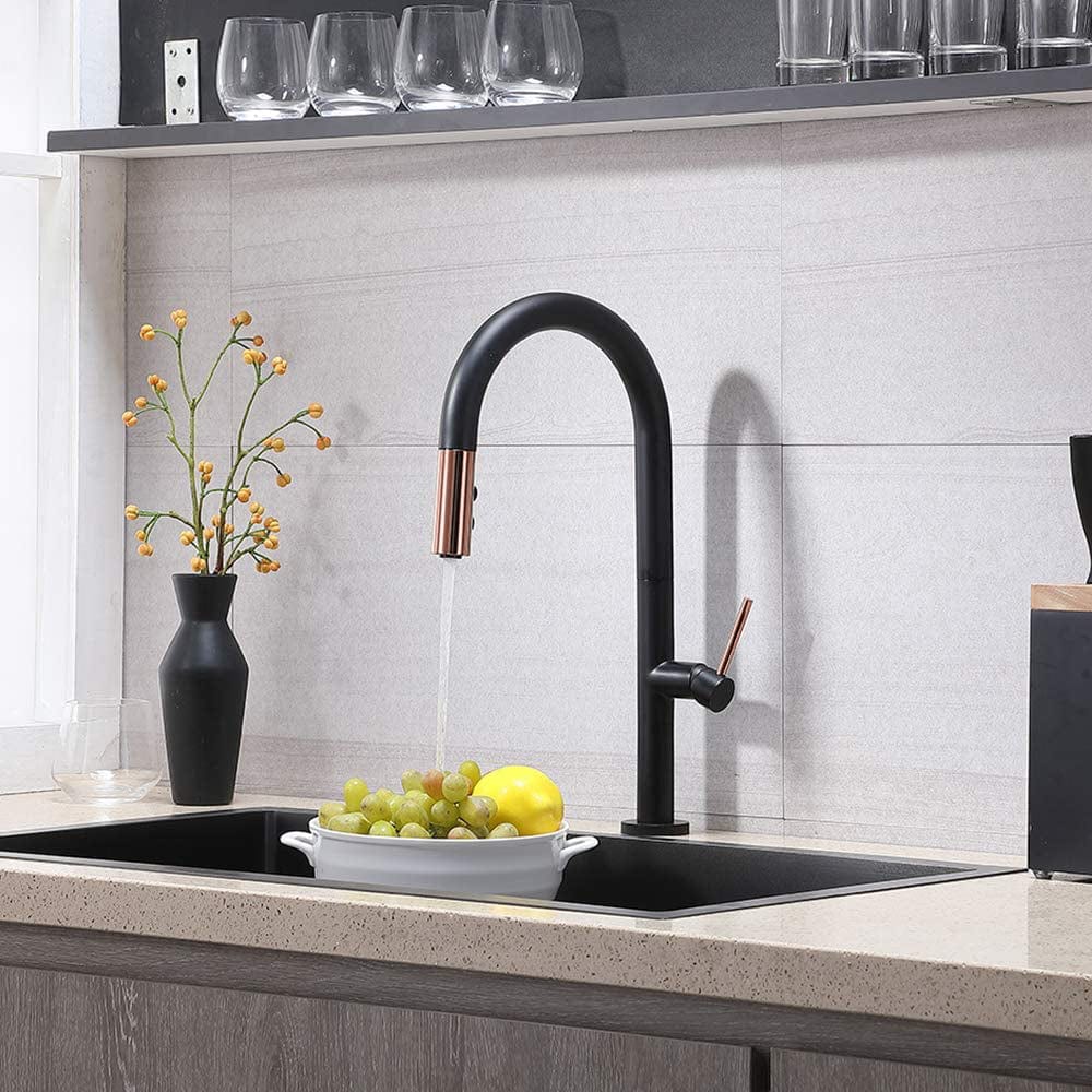 Baterie profesionala de bucatarie, cu dus extractibil, 2 functii de curgere, negru mat cu rose gold, cod 1298