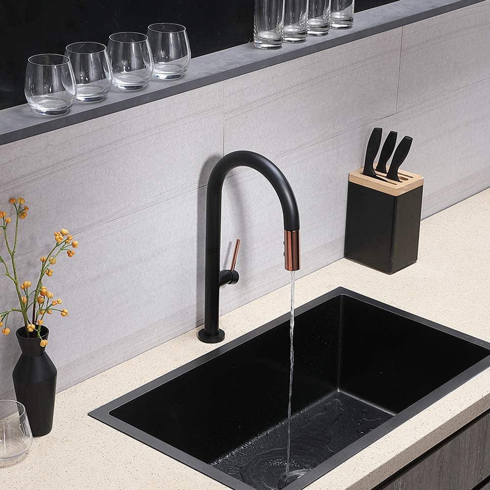 Baterie profesionala de bucatarie, cu dus extractibil, 2 functii de curgere, negru mat cu rose gold, cod 1298