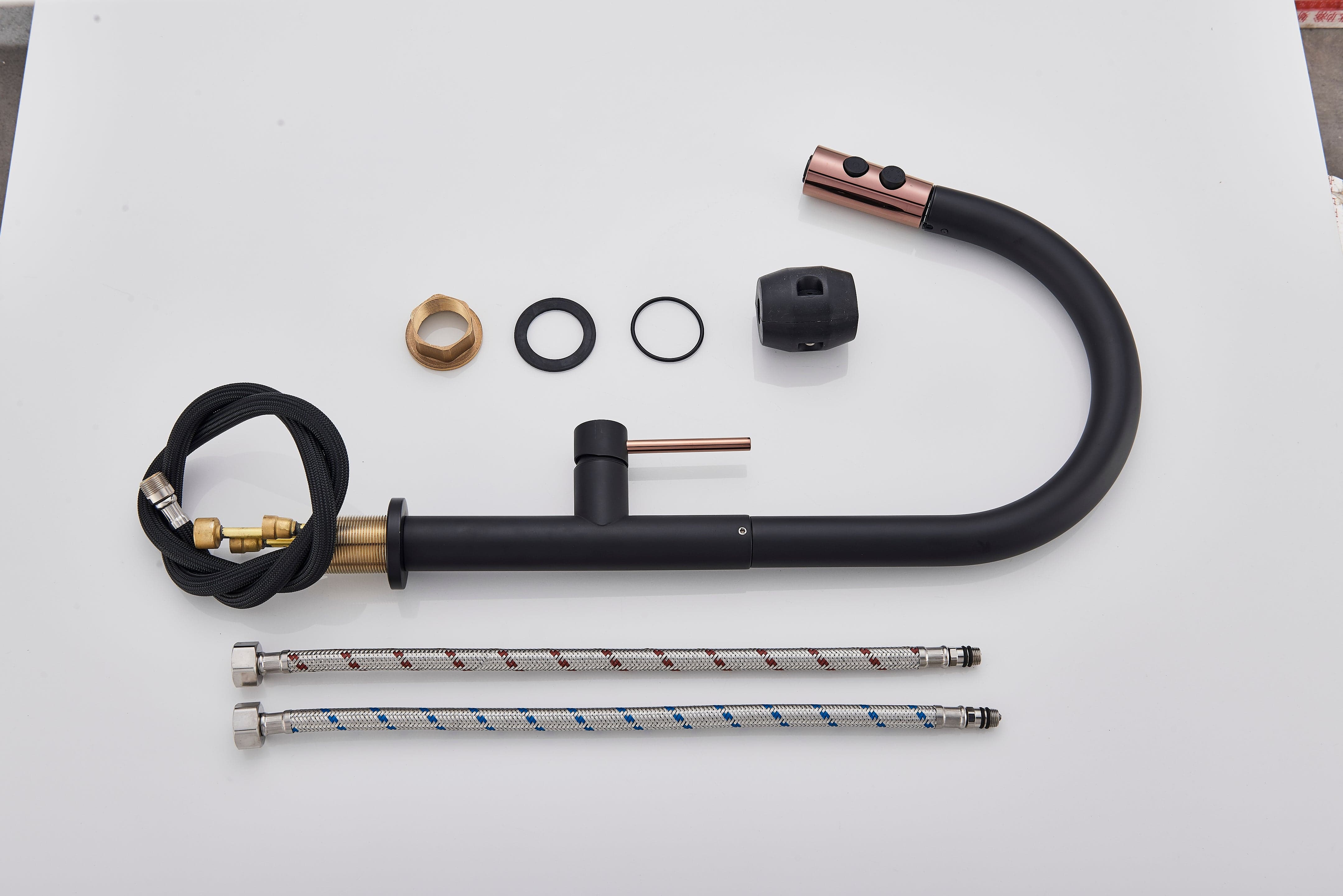 Baterie profesionala de bucatarie, cu dus extractibil, 2 functii de curgere, negru mat cu rose gold, cod 1298