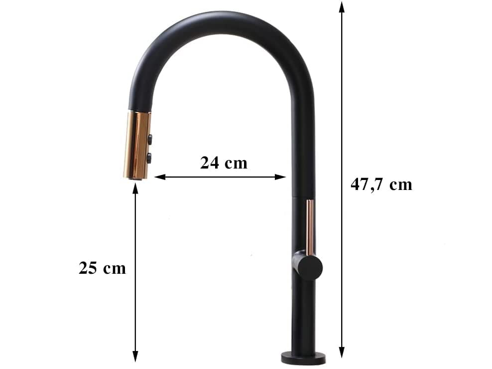 Baterie profesionala de bucatarie, cu dus extractibil, 2 functii de curgere, negru mat cu rose gold, cod 1298