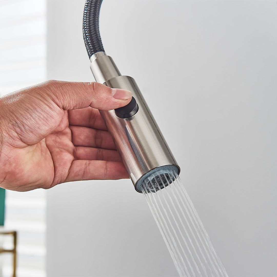 Baterie profesionala de bucatarie, cu dus flexibil, pipa pentru apa filtrata, argintiu lucios, cod 1659