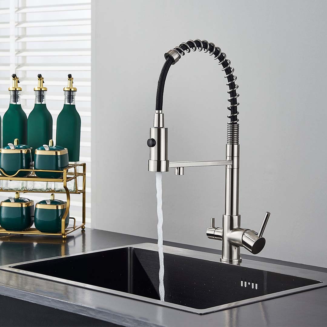 Baterie profesionala de bucatarie, cu dus flexibil, pipa pentru apa filtrata, argintiu lucios, cod 1659