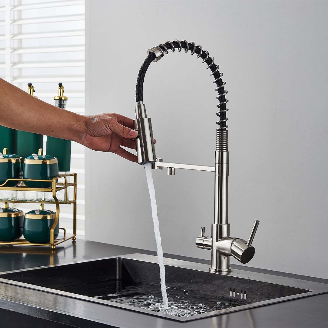 Baterie profesionala de bucatarie, cu dus flexibil, pipa pentru apa filtrata, argintiu lucios, cod 1659