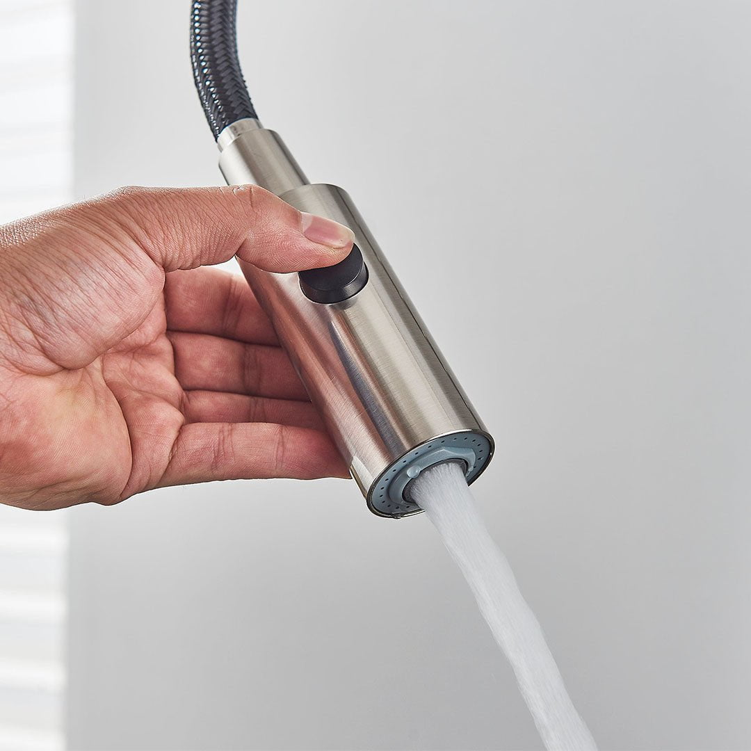 Baterie profesionala de bucatarie, cu dus flexibil, pipa pentru apa filtrata, argintiu lucios, cod 1659