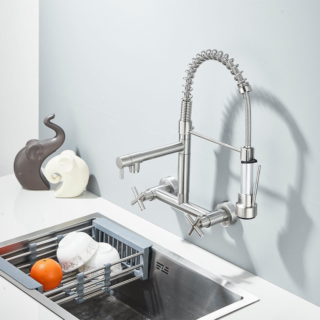 Baterie profesionala de bucatarie, cu dus flexibil, pipa pentru apa filtrata, argintiu lucios, cod 1661