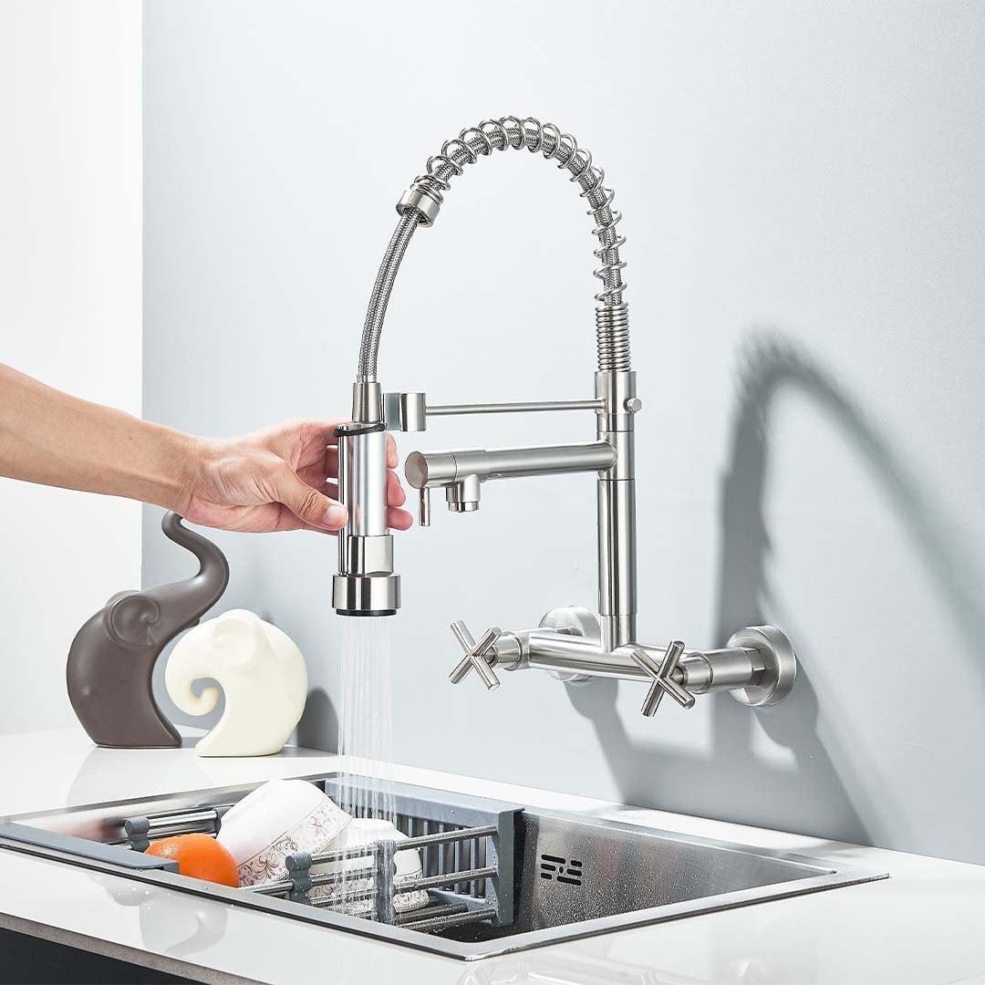 Baterie profesionala de bucatarie, cu dus flexibil, pipa pentru apa filtrata, argintiu lucios, cod 1661