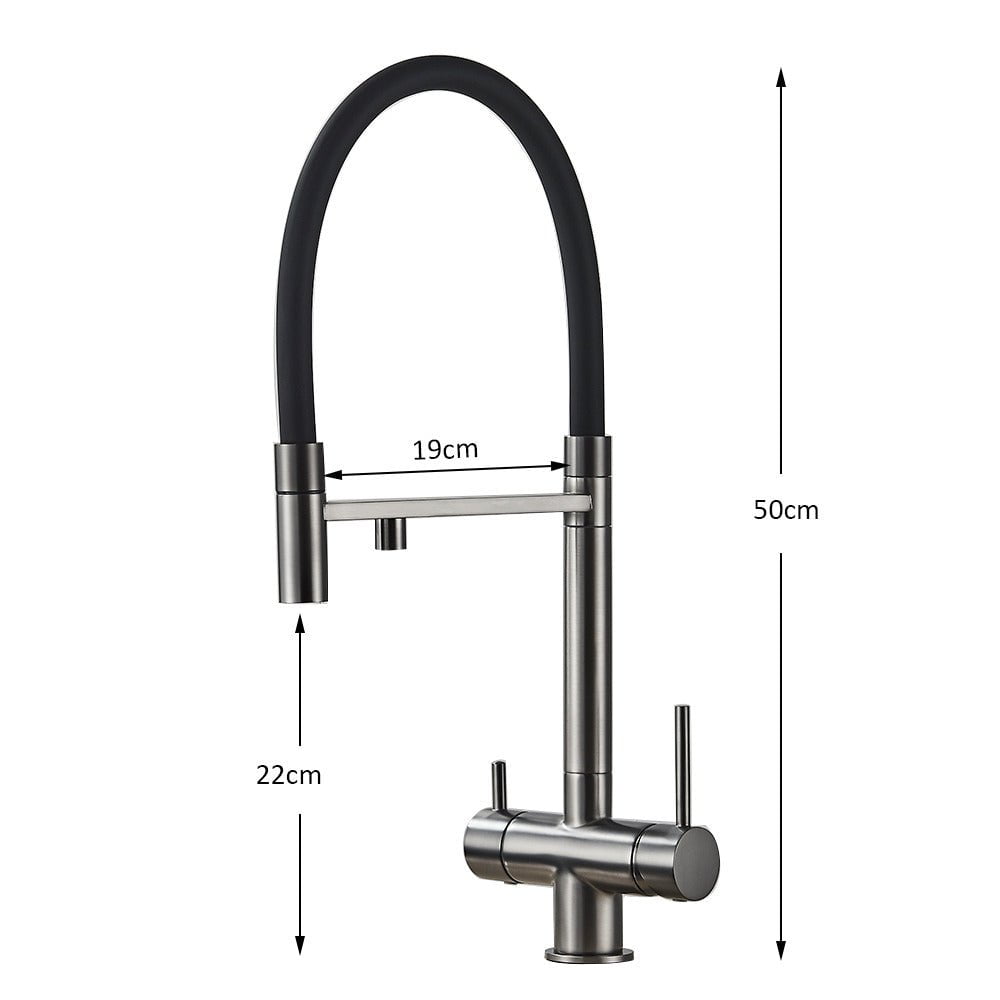 Baterie profesionala de bucatarie, cu dus flexibil, pipa pentru apa filtrata, argintiu/negru, cod 1669