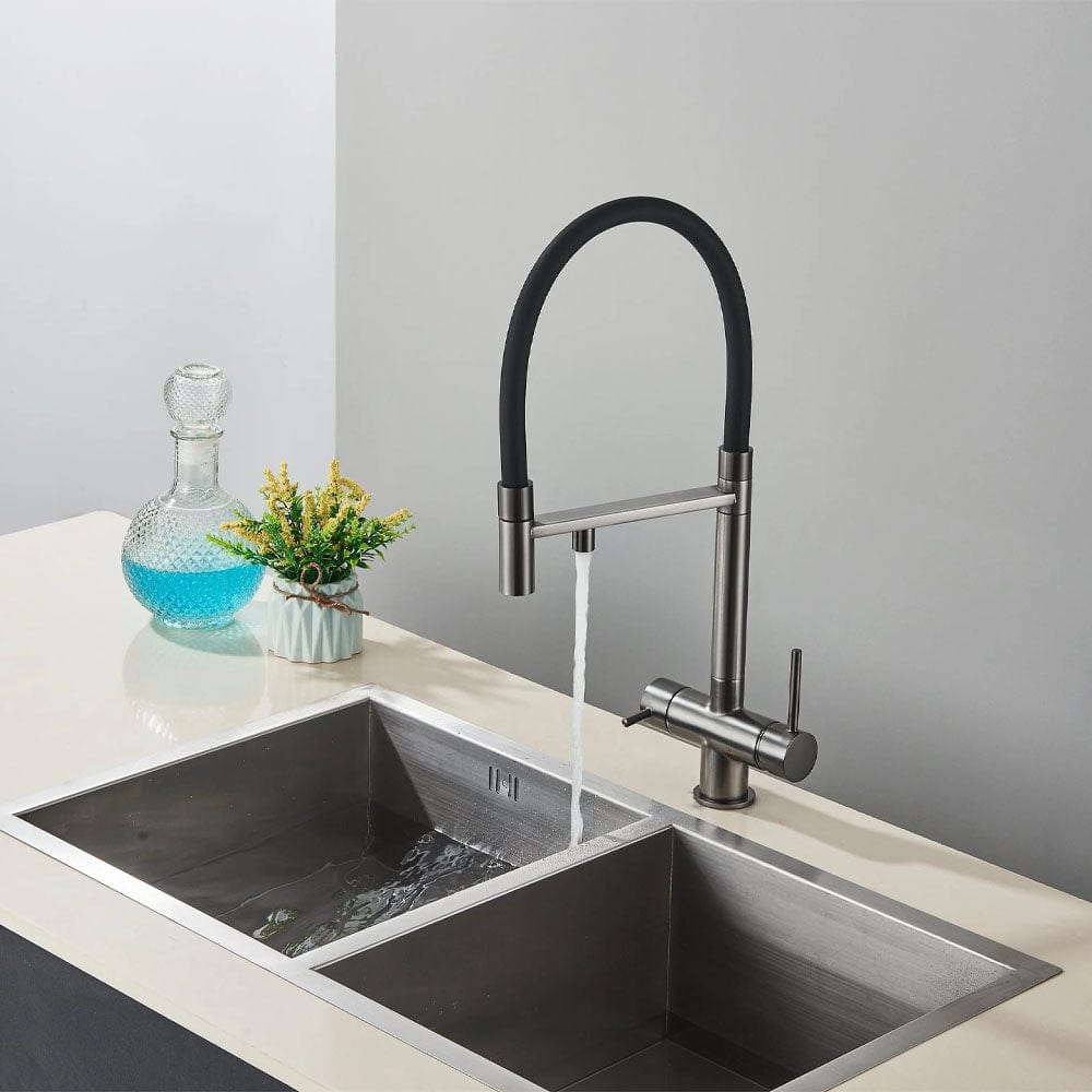 Baterie profesionala de bucatarie, cu dus flexibil, pipa pentru apa filtrata, argintiu/negru, cod 1669