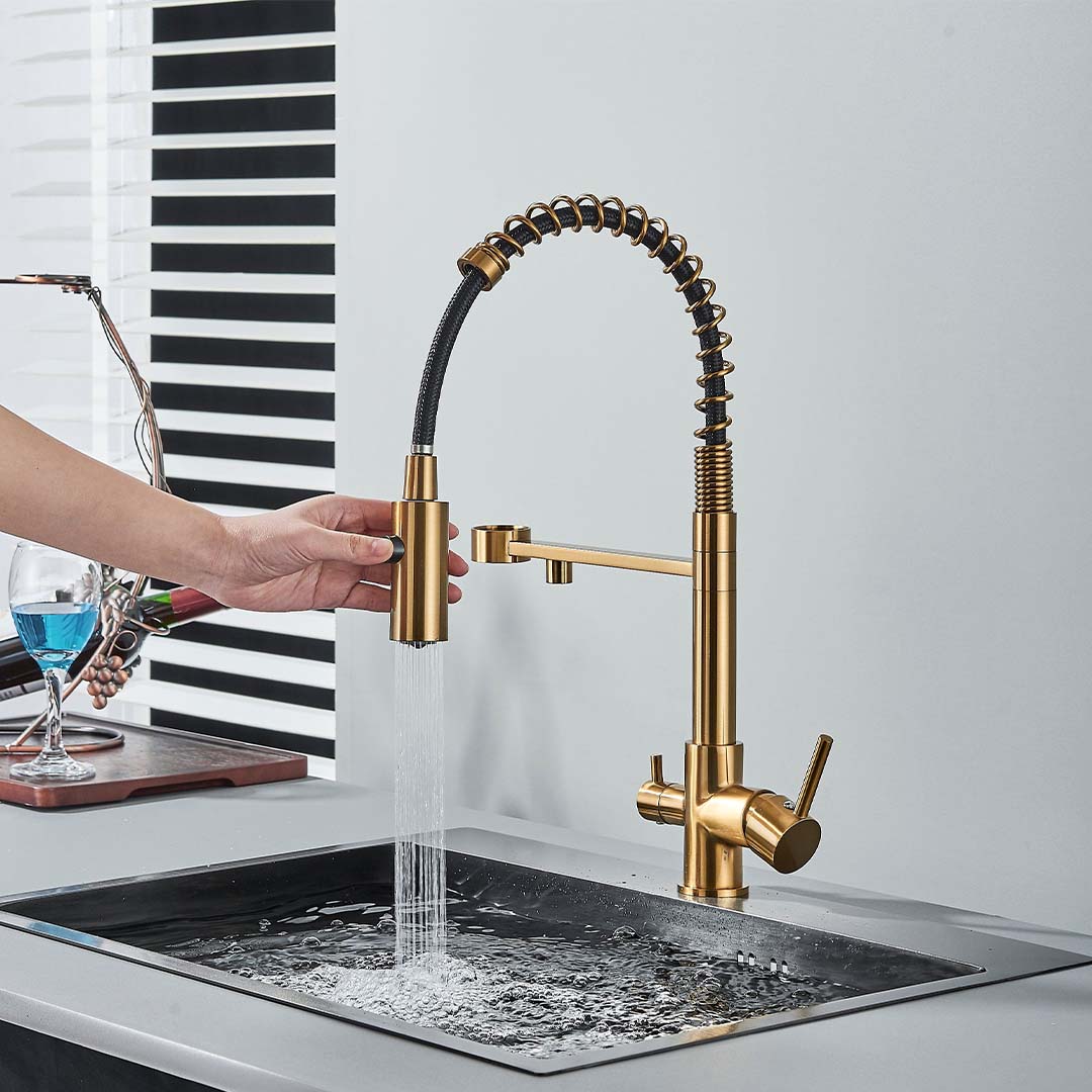 Baterie profesionala de bucatarie, cu dus flexibil, pipa pentru apa filtrata, auriu periat, cod 1658