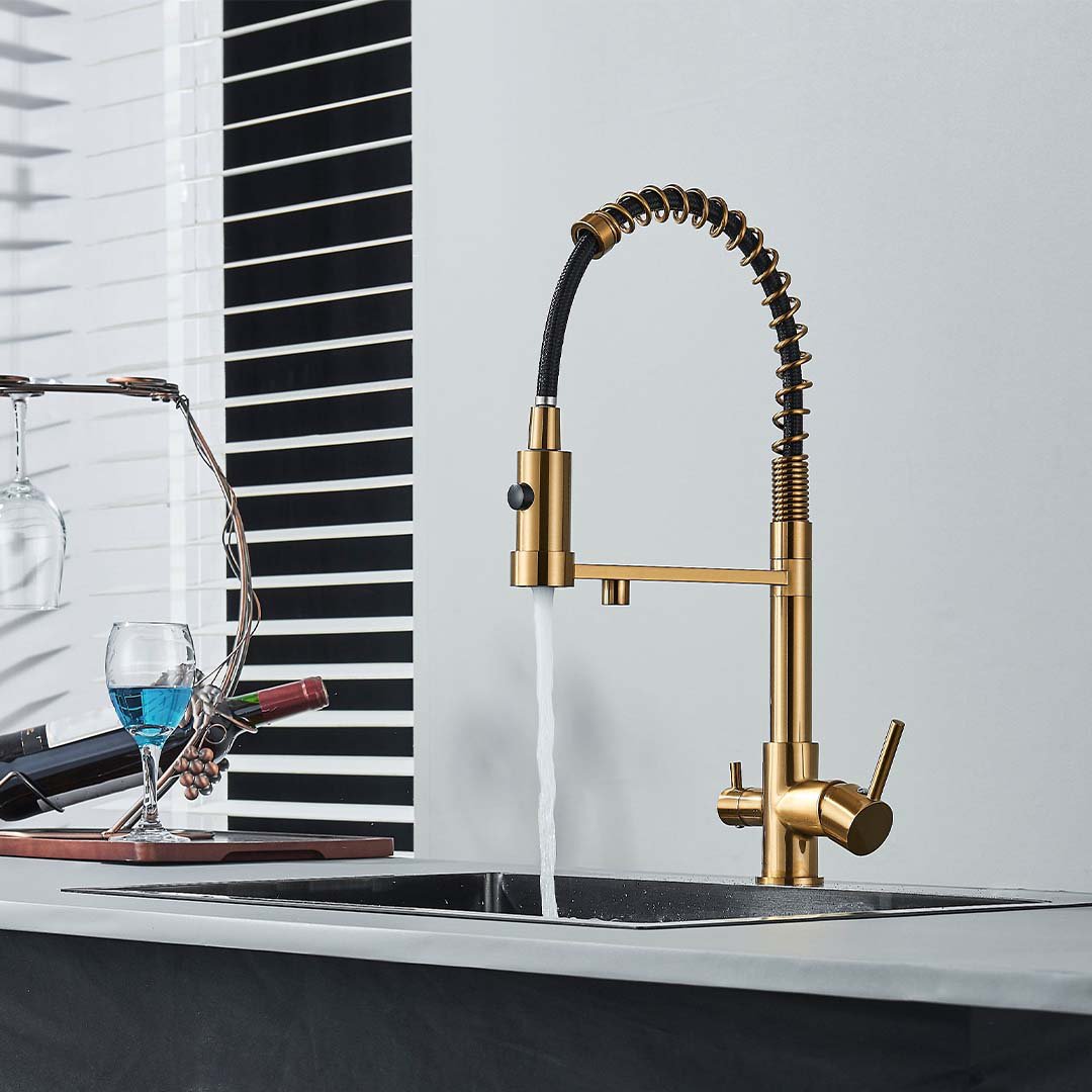 Baterie profesionala de bucatarie, cu dus flexibil, pipa pentru apa filtrata, auriu periat, cod 1658