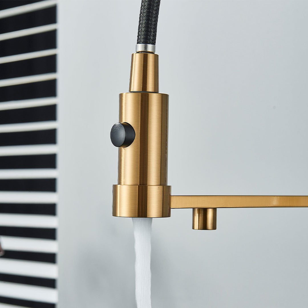 Baterie profesionala de bucatarie, cu dus flexibil, pipa pentru apa filtrata, auriu periat, cod 1658