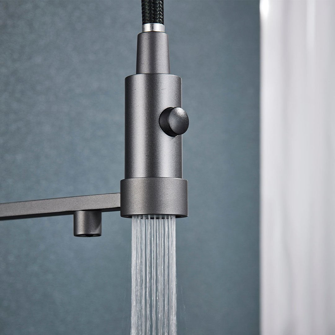 Baterie profesionala de bucatarie, cu dus flexibil, pipa pentru apa filtrata, gri mat, cod 1656