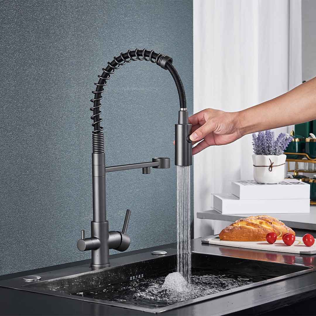 Baterie profesionala de bucatarie, cu dus flexibil, pipa pentru apa filtrata, gri mat, cod 1656