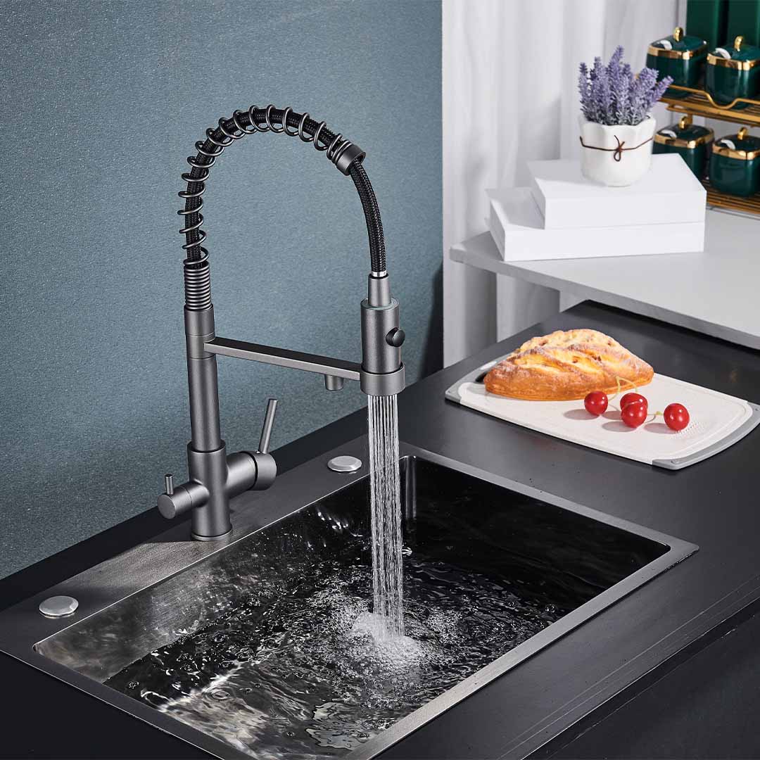 Baterie profesionala de bucatarie, cu dus flexibil, pipa pentru apa filtrata, gri mat, cod 1656