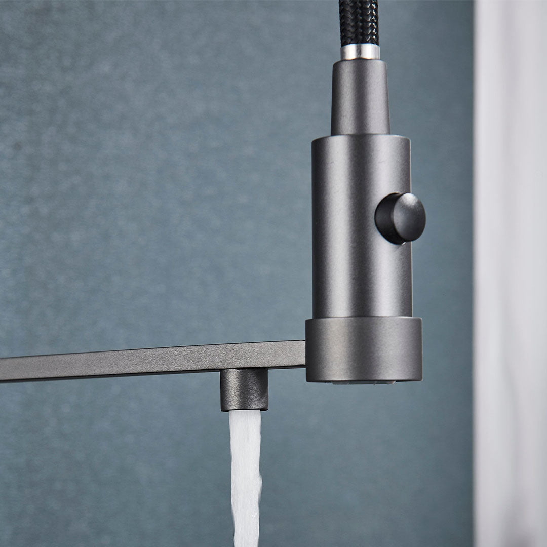 Baterie profesionala de bucatarie, cu dus flexibil, pipa pentru apa filtrata, gri mat, cod 1656