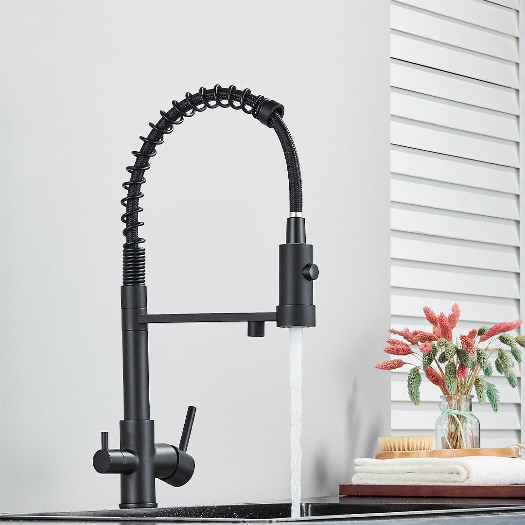 Baterie profesionala de bucatarie, cu dus flexibil, pipa pentru apa filtrata, negru mat, cod 1657