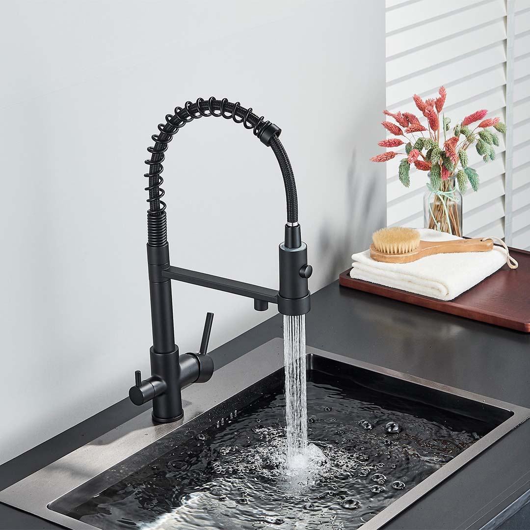 Baterie profesionala de bucatarie, cu dus flexibil, pipa pentru apa filtrata, negru mat, cod 1657