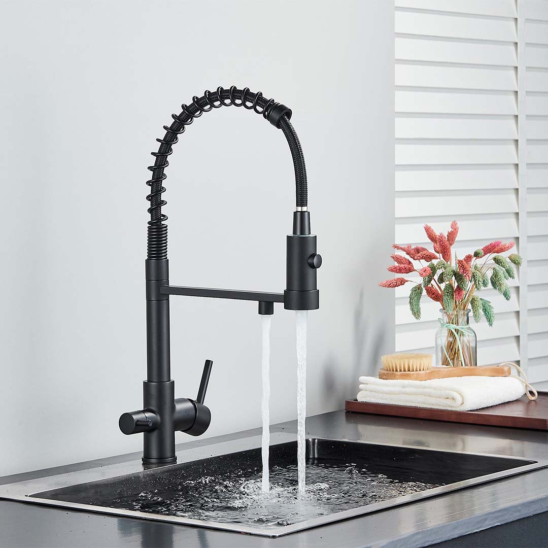 Baterie profesionala de bucatarie, cu dus flexibil, pipa pentru apa filtrata, negru mat, cod 1657