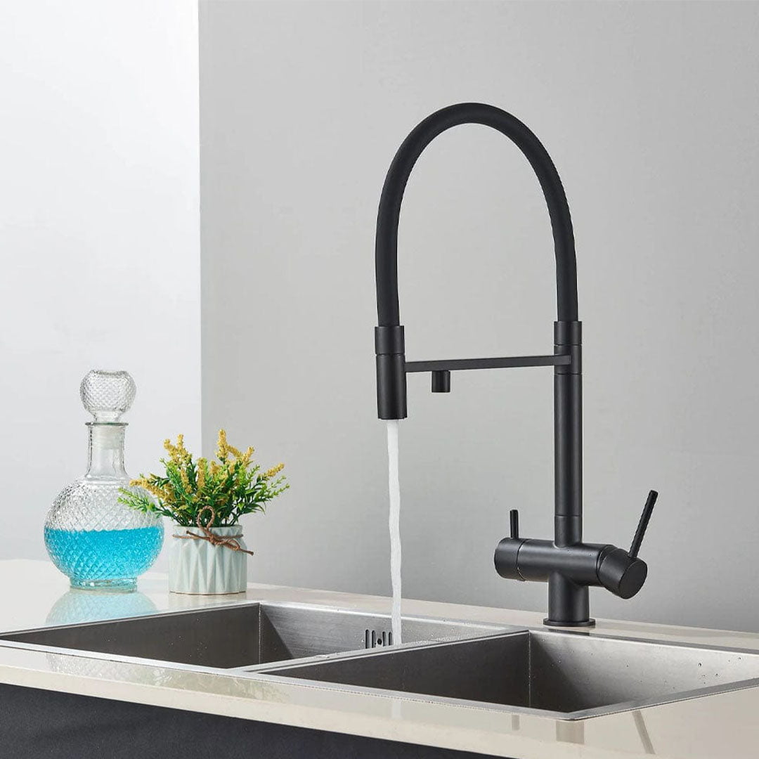 Baterie profesionala de bucatarie, cu dus flexibil, pipa pentru apa filtrata, negru mat, cod 1670